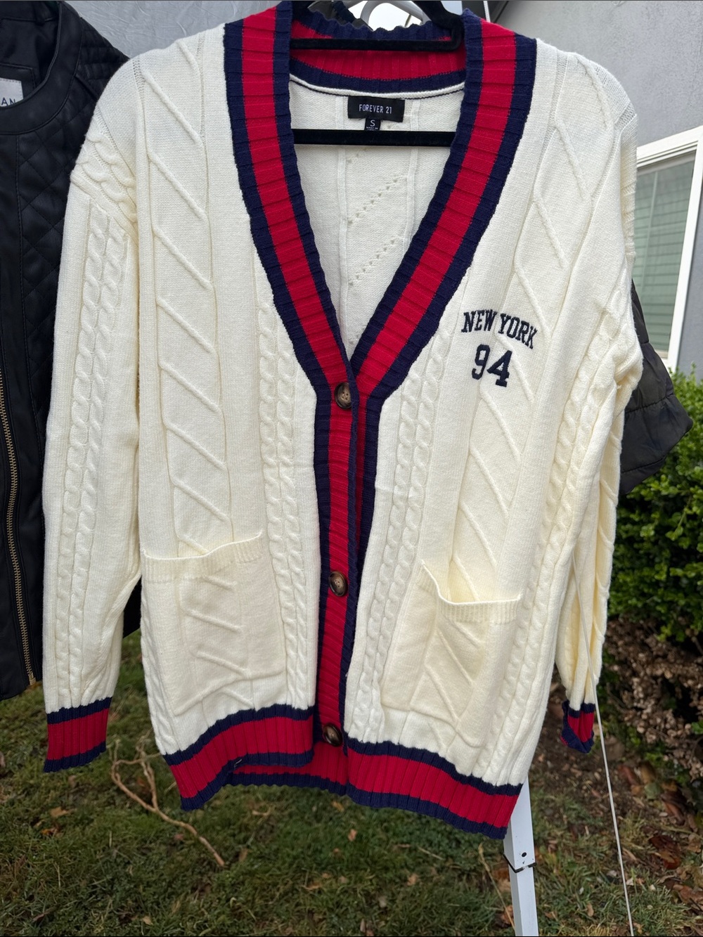 Forever 21 Cream Cable Knit Cardigan with Red & Navy Trim